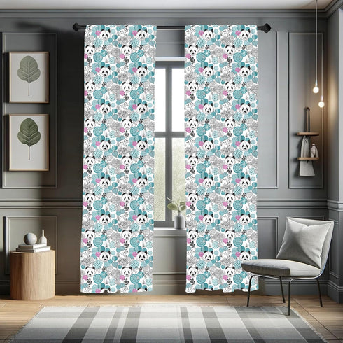 Lunarable Panda Window Curtains, 2-Panel Set with Portraits of Chinese Bears on Sketch Flowers, 28" x 63", Blue Grey