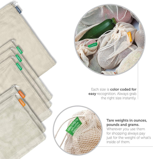 6 Reusable Produce Bags, Organic Cotton Mesh Grocery Bags, Washable, for Vegetables