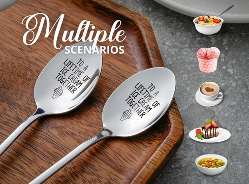 Engraved Ice Cream Spoons, Gifts for Couple, 2 Pcs Stainless Steel Coffee Spoon, To a Lifetime of Ice Cream Together