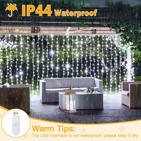 Ollny Curtain Lights 6.6x6.6ft, 200 LED White String Lights with Remote, USB Power Fairy Light for Wedding Decor