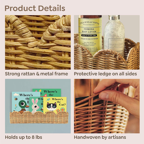 Set 2 15.8" Nursery Book Shelves of - Artisanal Natural Rattan Scalloped Book Shelf for Kids Rooms W, Cute Wicker