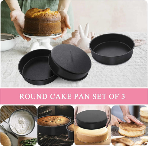 Herogo 8 Inch Round Cake Pan Set of 3, Black Nonstick Stainless Steel Baking Pan for Birthday Wedding Layer Cakes