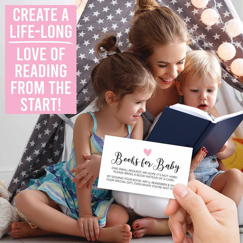 Hadley Designs 25 Books For Baby Shower Request Cards, Pink Baby Shower Invitation Inserts, Guest Book Alternative