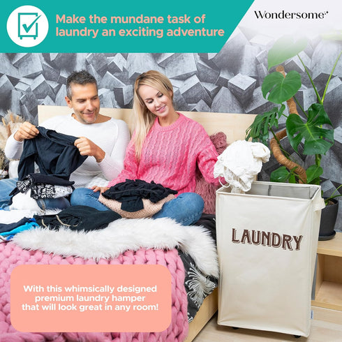 90-Liter Wondersome Laundry Hamper with Wheels - Farmhouse Cream - Extra Large Collapsible Rolling Clothes Cart - Heavy