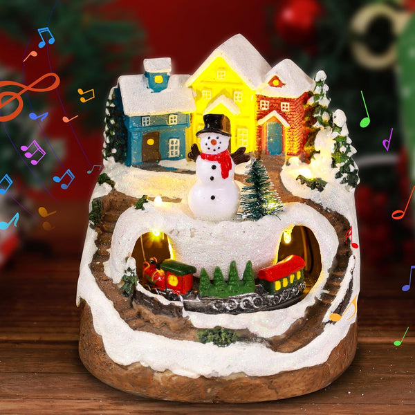 Musical Christmas Village Houses with LED Light & Rotating Train, Ornaments Centerpiece