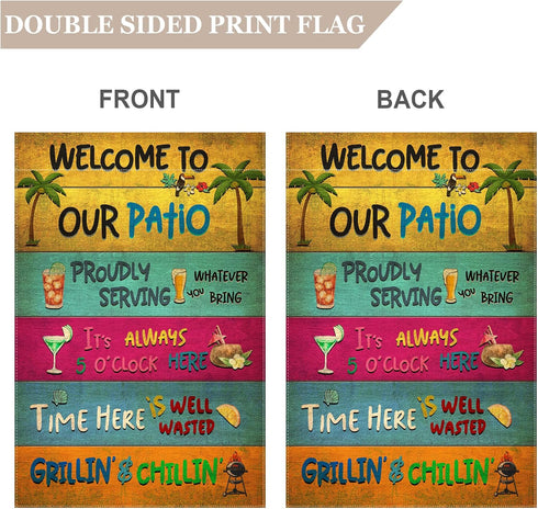 Welcome To Our Patio Garden Flag, 12.5x18" Party Decorations, Summer Decor, Outdoor Beach Bar Pub Porch Patio Deck Backyard Poolside Decor Outside
