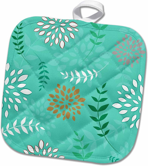 3D Rose Turquoise-White-and Peach Flowers and Leaves Pattern Pot Holder, 8 x 8