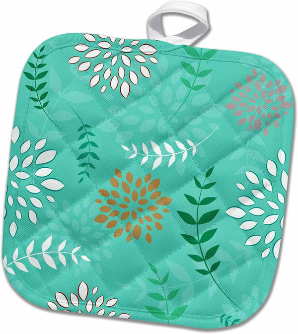 3D Rose Turquoise-White-and Peach Flowers and Leaves Pattern Pot Holder, 8 x 8