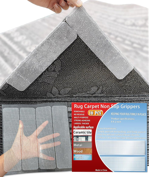 16Pcs Non-Slip Rug Carpet Grippers, Large Reusable Tape Pads, Strong Adhesive, Removable Double-Sided Strips