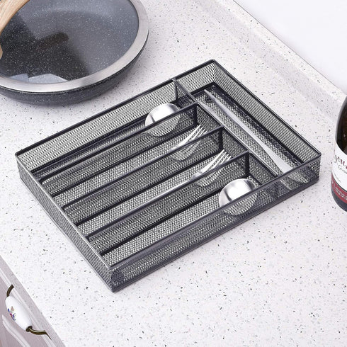WuGeShop Black Silverware Drawer Organizer, Metal Mesh Utensil Tray, Non-Slip Cutlery Tray with 5 Compartments