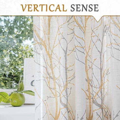 FMFUNCTEX White Sheer Front Door Curtains, 40 Inches Long Yellow Grey Print Branch Tree Half French Panel, 50 Inches
