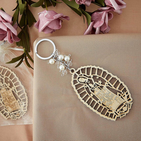 Hicarer Baptism Our Lady of Guadalupe Wood Design Keychain with Organza Gift Bags for Baptism