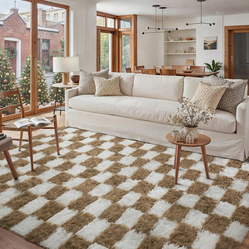 PureCozy Checkered Rug 5x8 for Living Room, Brown and White Modern Shag