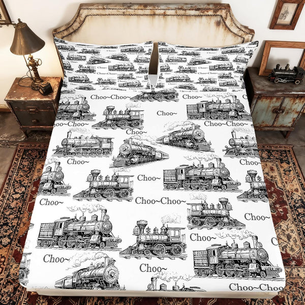 Vintage Fitted Sheet Full Size, Steam Locomotive Bedding Set 3Pcs for Kids