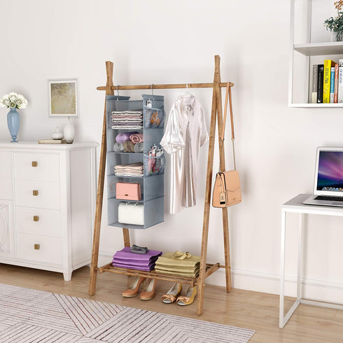 MAX Houser 5 Shelf Hanging Closet Organizer - Space Saver with (4) Side Pockets, Foldable, Light Grey