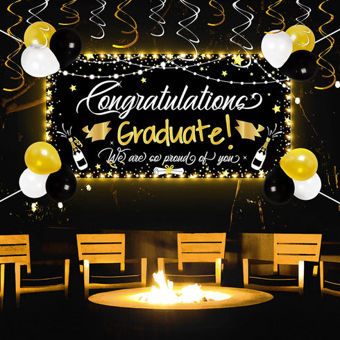 90shine Graduation Decorations - Class of 2025 Lighted Congrats Grad Banner, 25PCS Black Party Supplies