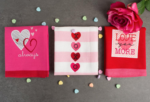 DII Valentine's Day Collection Kitchen Dishtowel Set, 3 Piece, 18x28, Embellished Hearts