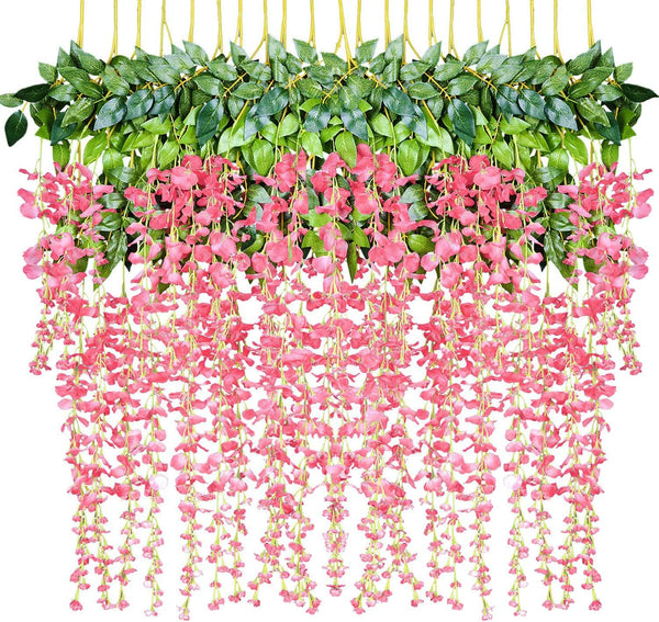 DearHouse 12 Pack Artificial Fake Wisteria Vine Hanging Garland Silk Flowers String Home Party Wedding Decor (Pink)