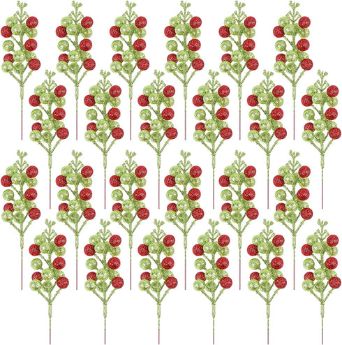 Meching 24 Pack Christmas Glitter Green Red Berry Stems, 7.5 Inch Artificial Christmas