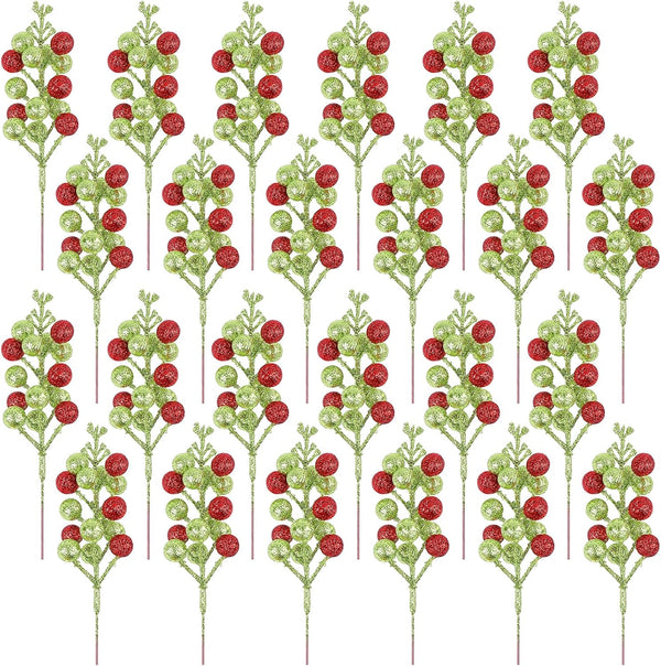 Meching 24 Pack Christmas Glitter Green Red Berry Stems, 7.5 Inch Artificial Christmas