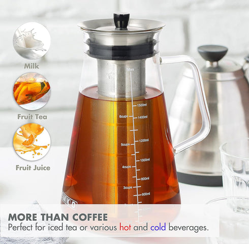 Aquach Airtight Cold Brew Coffee Maker 51oz/1.5L, BPA-Free Borosilicate Glass Pitcher with Stainless Steel Filter