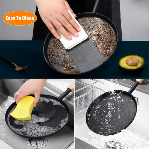 Frying Pan Skillet 8-Inch Flat Griddle Pan, Lightweight Grill Pan with Wooden Handle for Indoor Outdoor Cooking