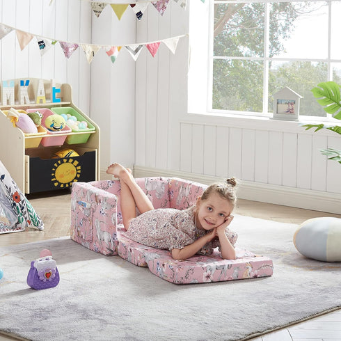 2-in-1 Ulax furniture Kids Convertible Sofas Children Flip-Out Sofa - to Lounge Chair (Pink Unicorn)