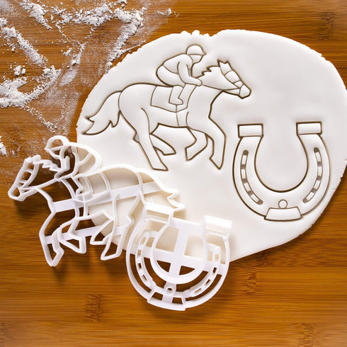 Set of 2 Jockey Cookie Cutters, Designs: Jockey and Horse Shoe, 2 Pieces - Bakerlogy