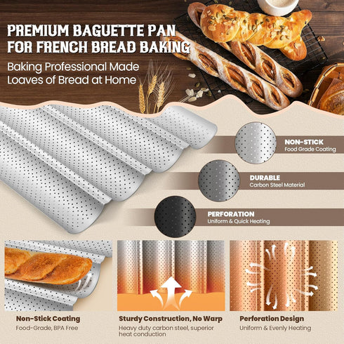 Baguette Bread Pan, Premium Nonstick Perforated Baking Tray for 4 Loaves of French Bread, Crisp Golden-Brown Crust