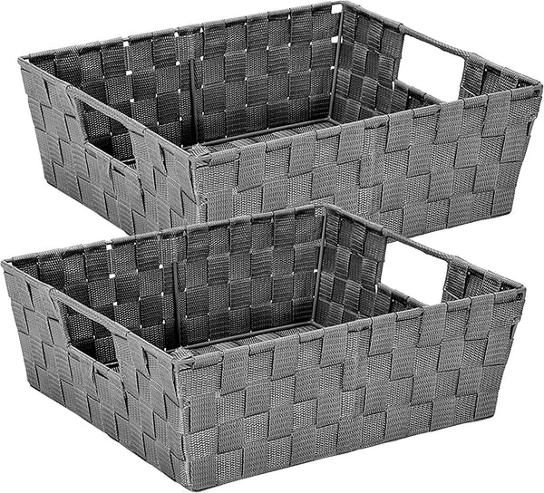 Simplify Large Woven Strap Tote, 2 Pack, Grey, Decorative Storage Basket for Organizing Accessories