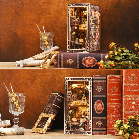 3D MiniCity Book Nook Kit, DIY Miniature Dollhouse Booknook Kit, Wooden Puzzle Bookend Bookshelf Insert Decor with LED