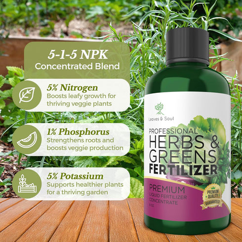 5-1-5 8 oz LEAVES AND SOUL Professional Liquid Herbs and Greens Fertilizer | Concentrate, Liquid Plant Fertilizer