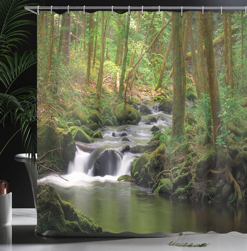 Ambesonne Nature Shower Curtain, Stream Flowing in Forest with Mossy Rocks, 69" W x 75" L, Green Brown