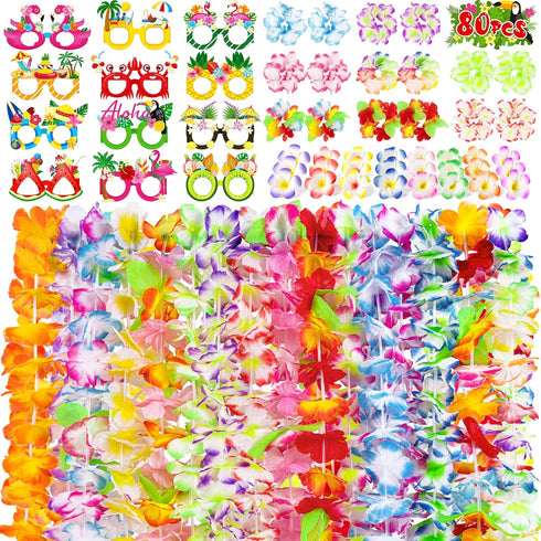 80PCS Hawaiian Luau Leis Party Photo Booth Props Decorations Supplies Set for
