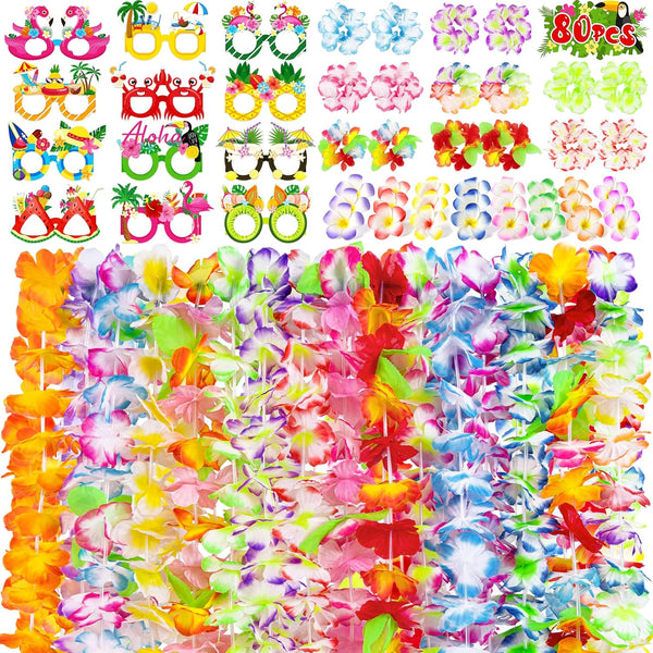 80PCS Hawaiian Luau Leis Party Photo Booth Props Decorations Supplies Set for