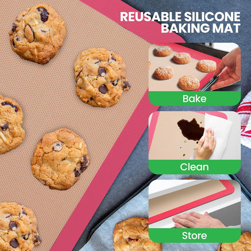 Nutrichef 2 Non-stick Silicone Baking Mats, 24.4 x 16.5 IN, Pink, Oven-safe Up to 480°F