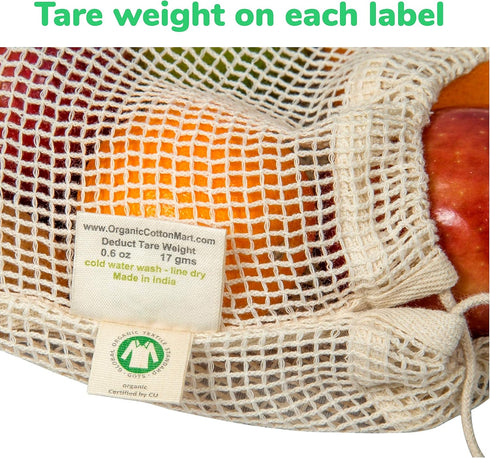 Reusable Organic Cotton Mesh Produce Bags - 100% Cotton, Durable, Washable with Tare Weight & Drawstring, 6 Sizes (2L,