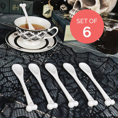 Set of 6 Ceramic Bone Spoons, Spooky Valentines Day Gifts, Goth Decor, Skull Spoon for Gothic Tea Set