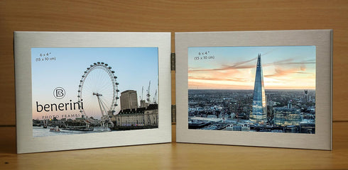 Twin 2 Picture Horizontal Double Folding Photo Frame - Brushed Aluminium Satin Silver - Takes 2 Photos of 6 x 4 inches