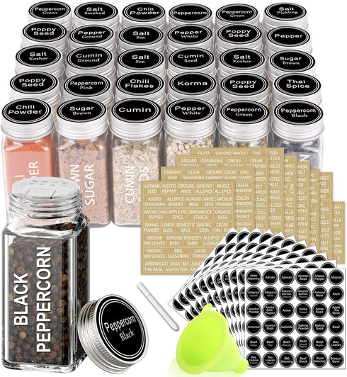 SWOMMOLY 30 Glass Spice Jars 4oz/Square Spice Bottles with 703 Spice Labels,