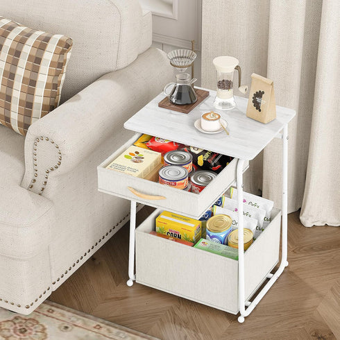 3-Tier Olldide Bedside Table with Storage, Modern Square Nightstand with Fabric Storage Basket & Drawers