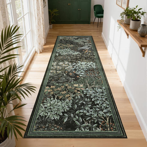 2x6 GarveeHome Forest Runner Rug, Black Green Washable Runner Rug for Kitchen, Botanical Low Pile Non Slip Stain