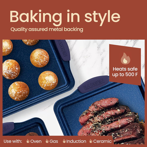 Set Sets 450 Set 6 BAKKEN Kitchen Baking Pan - Nonstick Coating, Carbon Steel Bakeware with Blue Silicone Handles