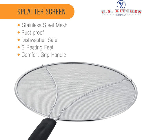 U.S. Kitchen Supply 13" Stainless Steel Splatter Guard, Fine Mesh Cover for Frying Pan & Cooking Pots