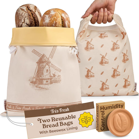 Trs Fresh (2 Pack) 17"x13" Beeswax Bread Bag for Sourdough - Reusable Waxed Bread Bags for Homemade Bread Storage