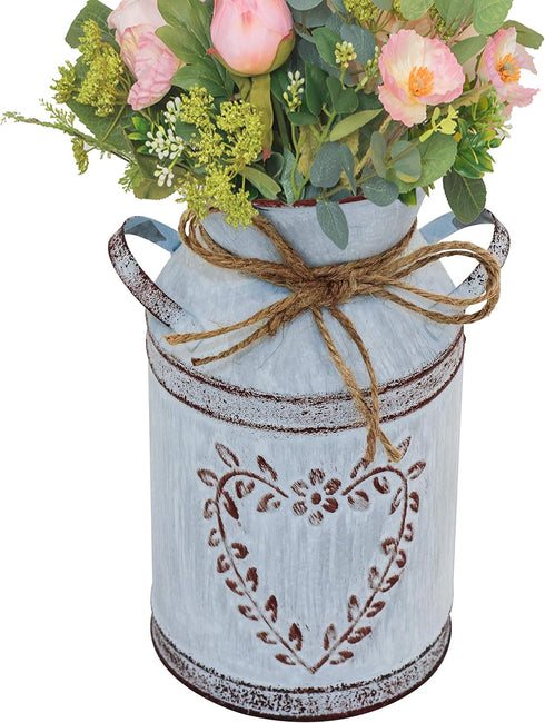 Rustic Shabby Chic Galvanized Milk Can Vase with Handle, Vintage Farmhouse Flower Vase for Centerpieces, 7.7"