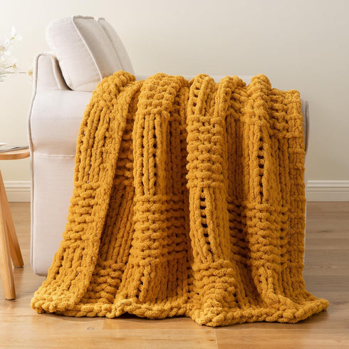 50"x60" Bunnikins & Clover Mustard Yellow Throw Blanket for Couch, Chunky Knit Gold Blanket Throw with Chenille Yarn