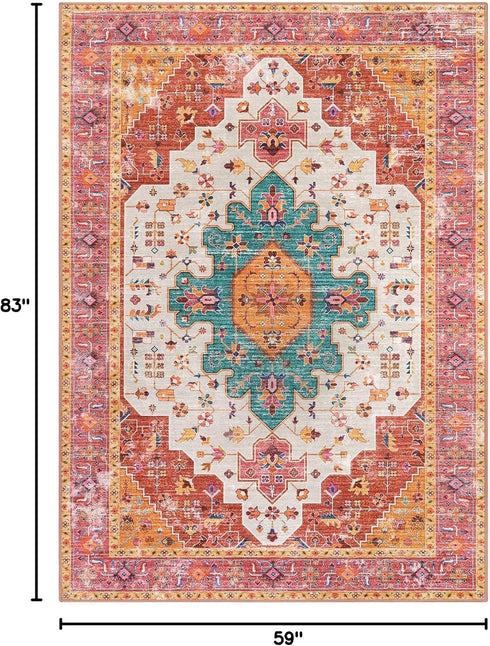 5x7 Moynesa Ultra-Thin Washable Vintage Area Rug - Large Bedroom Boho Non-Slip Non-Shedding Living Room Mat Oriental