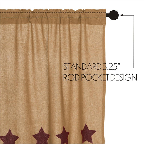 Burlap Natural with Burgundy Stars Primitive 16"x72" Valance, Stenciled Cotton Kitchen Window Curtains