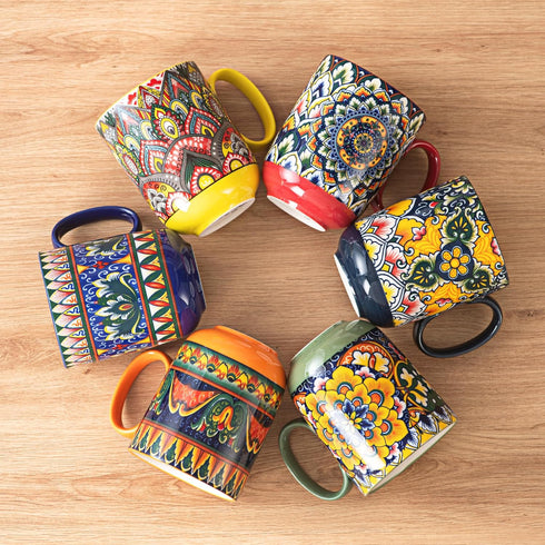 Set 6, 14 oz Henten Home Porcelain Coffee Mug of Colorful Latte Cup with Handle, Boho Ceramic Mug for Hot Chocolate